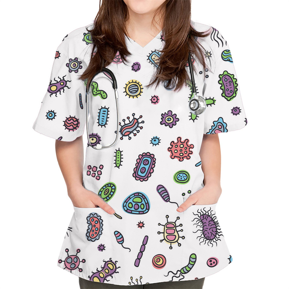Medical Lab Uniform - Neue Damen-Oberteile mit Bakteriogramm-Print für Apothekerinnen,