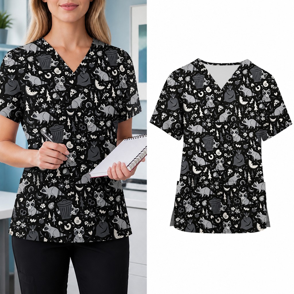 Medical Lab Uniform - Damen-Arbeitsuniform mit Cartoon-Tiermotiv, Krankenschwester-Uniform-Oberteil, V-Ausschnitt, kurzärmeliges
